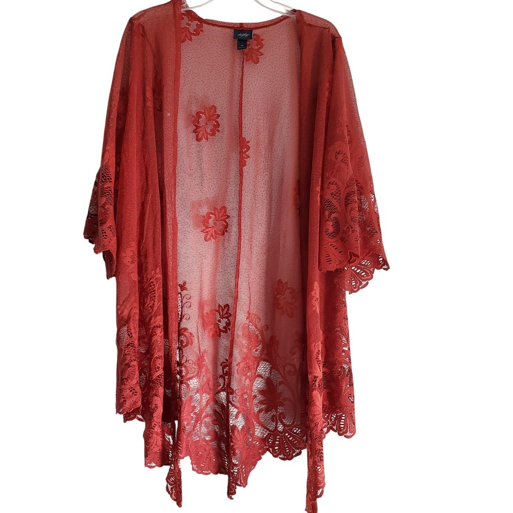 Daytrip‎ Kimono Womens M Burnt Red Floral Lace Sheer Boho Open Front Cardigan